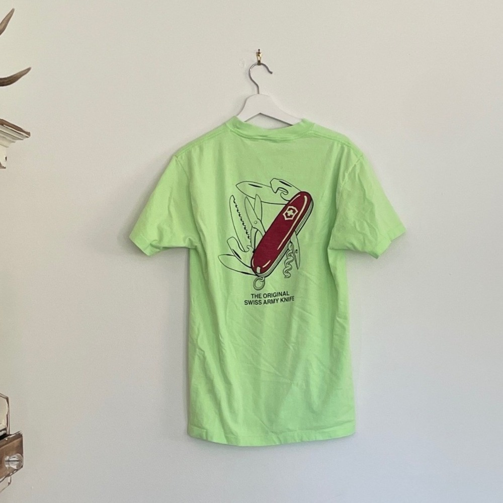 Vintage Swiss Army Brands Ltd Neon Green Graphic T Shirt Made in USA Mens Medium